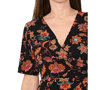 Msk Petite Printed Faux-Wrap Short-Sleeve Midi Dress