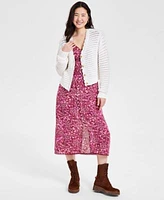 Lucky Brand Womens Scallop Pointelle Cardigan Lace Trim Floral Midi Dress