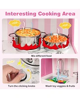 Gymax Kids Kitchen Playset Wooden Toy with Adjustable Led Lights & Washing Machine