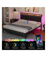 gaomon Full/Queen/King Size Bed Frame With Charging Station, Led Bed Frame With Storage Headboard, Upholstered Platform Bed Frame