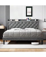 gaomon Queen/King Size Bed Frame With Upholstered Wingback Headboard, Luxurious Linen Upholstery Platform Bed With Charging Station, Button Tufted Des