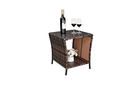 Slickblue Brown Gradient Iron Frame Rattan Side Table with Glass Surface - Elegant Design