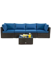 Sugift 5 Pieces Cushioned Patio Rattan Furniture Set with Glass Table