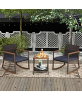 Sugift 3 Pieces Rattan Rocking Bistro Set with Coffee Table and Cushions