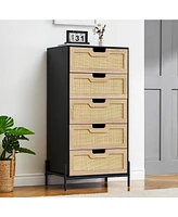 Modern Rattan 5 Drawers Dresser, Double Dresser for Bedroom