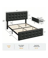Bed Frame,With 4 Storage Drawers And Headboard, Linen Upholstered Platform Frame With Wooden Slats Support, Button Tufted Design