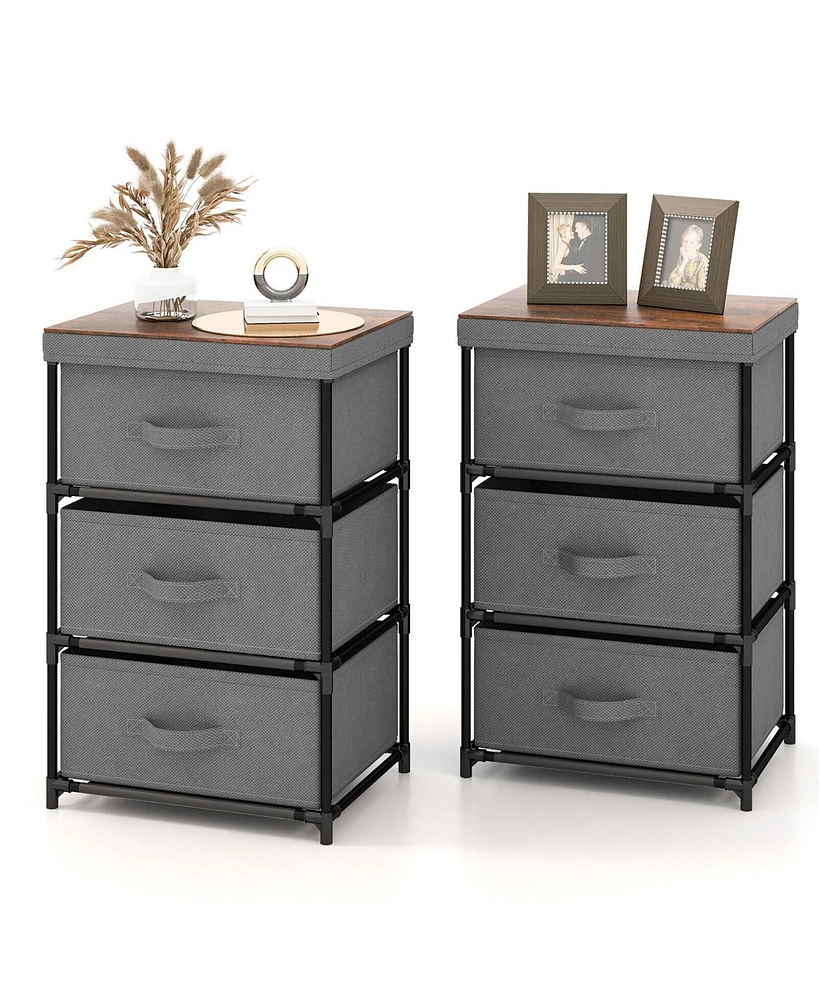 Gymax 2PCS 3 Drawers Dresser Fabric Storage Tower Organizer Unit Tall Nightstand Side Table