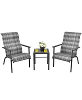 Sugift 3 Pieces Patio Rattan Bistro Set with High Backrest and Armrest