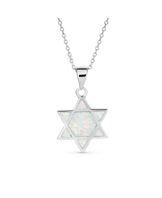 Bling Jewelry Hanukkah Magen Judaic Inlay Created White Opal Star Of David Pendant Necklace For Bat Mitzvah For Women .925 Sterling Silver