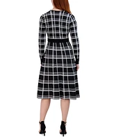 Robbie Bee Women's Plaid Belted Long-Sleeve Fit & Flare Dress