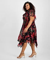 Robbie Bee Plus Floral-Print Cowlneck Asymmetric Dress