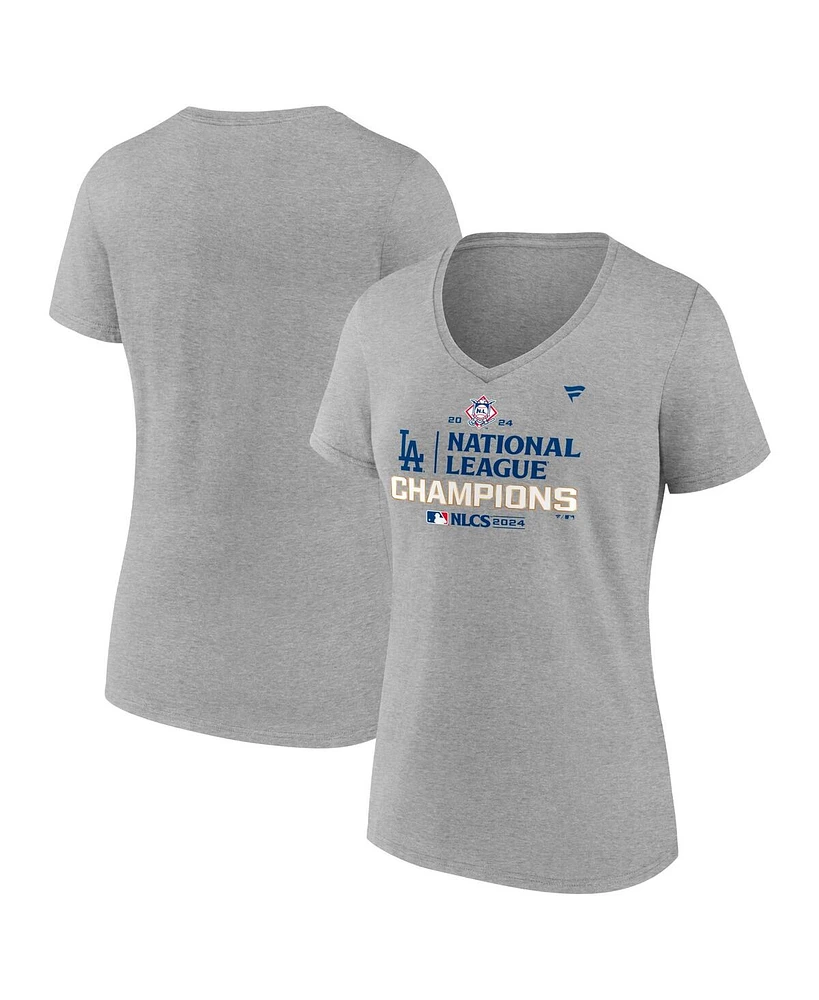 Fanatics Women's Heather Gray Los Angeles Dodgers 2024 National League Champions Locker Room V-Neck T-Shirt