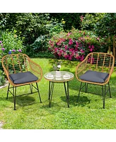 Sugift 3 Pieces Rattan Furniture Set with Cushioned Chair Table-Gray