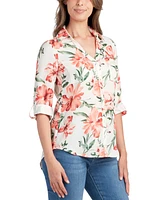 Bcx Juniors' Floral-Print Button-Down Roll-Tab-Sleeve Linen Top