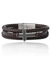 Lucky Brand Braided Leather Bracelet with Cross - Brown Leather Wrap Bracelet for Men