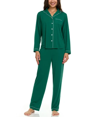 Flora by Nikrooz Women's Annie 2 Piece Notch Long Sleeve Top and Knit Pants Pajama Set