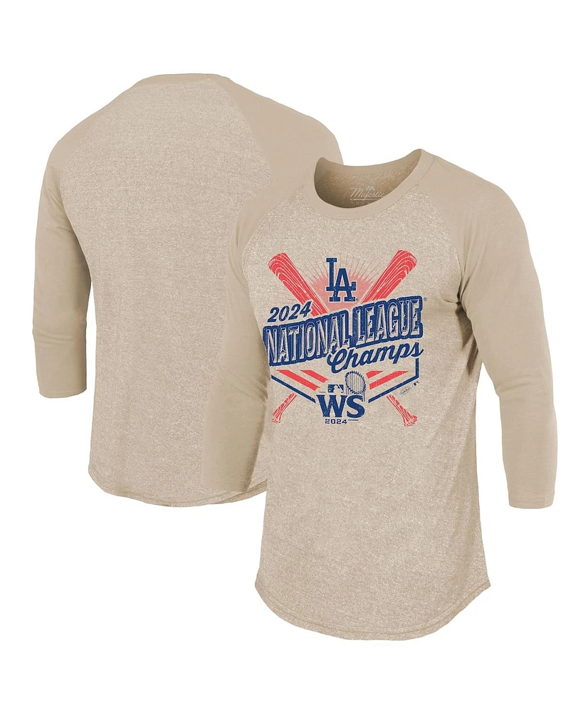 Majestic Men's Oatmeal Los Angeles Dodgers 2024 National League Champions 3/4-sleeve Tri-blend Raglan T-shirt