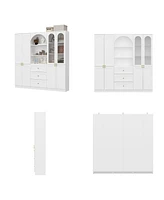 Famapy White Tall Storage Cabinet with Glass Doors & Arch Pattern, Modern Wooden Pantry with Cabinet Doors