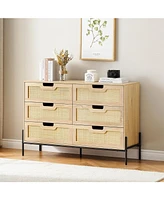 gaomon 6 Drawers Dresser for Bedroom, Natural Rattan Drawer with Spacious Storage, Wood Chest of Drawers with Metal Legs Black