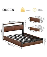 Hausource Queen Size Bed Frame with Storage Headboard & Charging Station & 4 Drawers Platform Bed