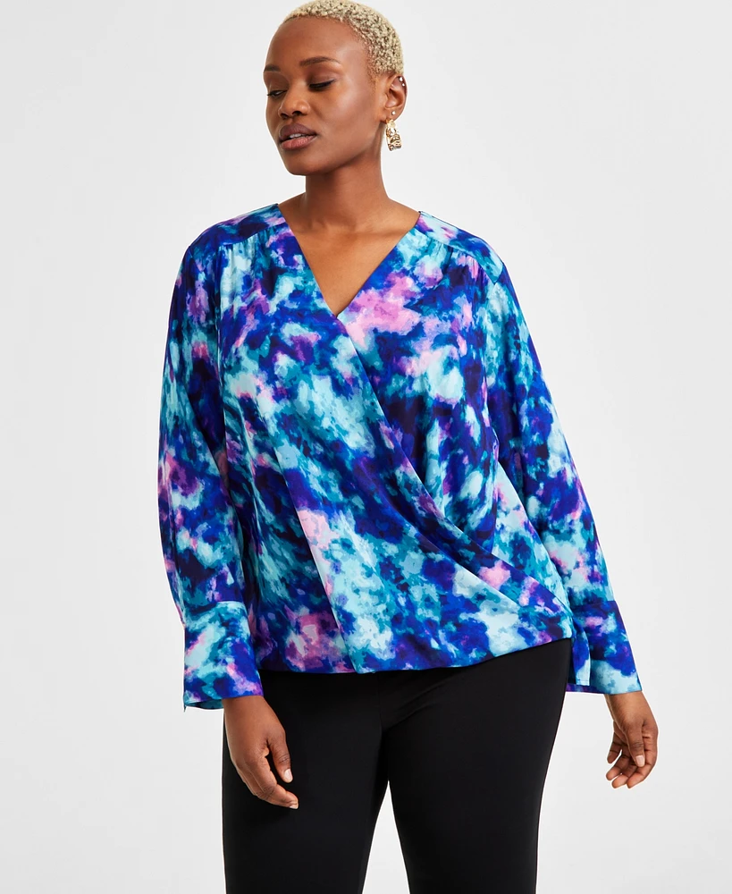 I.n.c. International Concepts Plus Tie-Dyed Surplice Blouse, Exclusively at Macy's