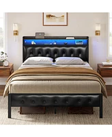 Hausource King/Twin Size Bed Frame with Storage Headboard & Charging Station Upholstered Platform Bed