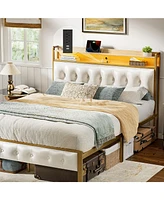 Hausource Queen/Full Size Bed Frame with Storage Headboard & Usb Ports & Outlets No Box Spring Needed