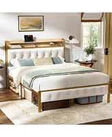 Hausource Queen/Full Size Bed Frame with Storage Headboard & Usb Ports & Outlets No Box Spring Needed