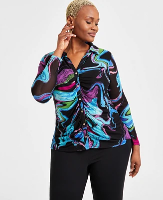 I.n.c. International Concepts Plus Printed-Mesh Top, Exclusively at Macy's