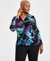 I.n.c. International Concepts Plus Printed-Mesh Top, Exclusively at Macy's