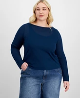 And Now This Trendy Plus Solid Boat-Neck Long-Sleeve Layered Top, Exclusively at Macy's