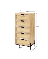 gaomon Modern Rattan 5 Drawers Dresser, Double Dresser for Bedroom, Chest of Drawers Closet Organizers and Storage Clothes