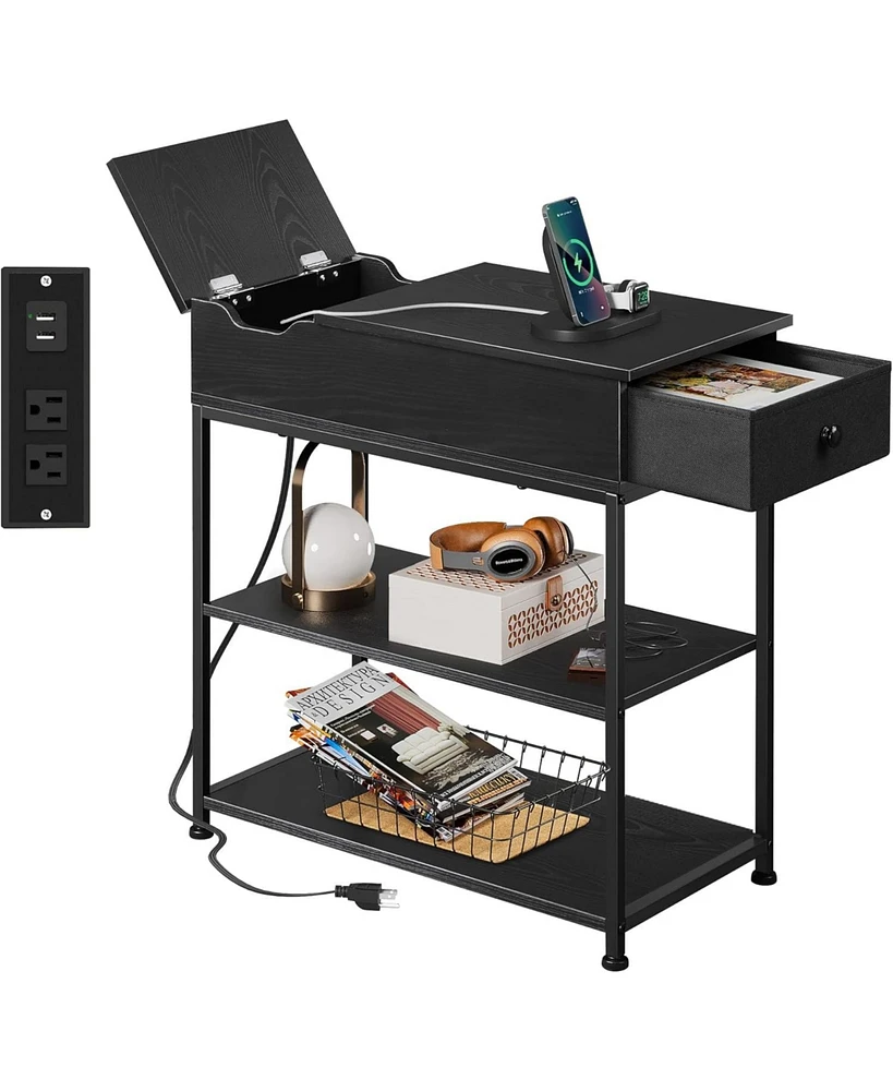 Wlive Narrow Side Table with 2 Usb Ports and 2 Outlets, Flip Top End Table with Drawer and Storage Shelves