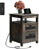 Wlive Farmhouse Nightstand, End Table with Charging Station, Bedroom Wooden Night Stand with 2 Storage Drawers, Side Table with Usb Ports and Outlets,