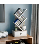 Gymax 5-Tier Tree Bookshelf w/ Wooden Drawer Display Storage Organizer Rack Beige