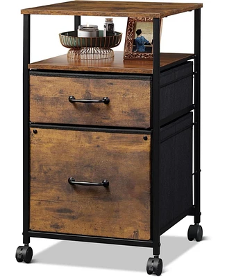 Devaise 2 Drawer Mobile File Cabinet Rolling Printer Stand with Open Storage Shelf Fabric Vertical Filing Cabinet fits A4 or Letter Size for Home Offi