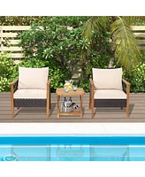 Inolait 3 Pieces Patio Wicker Furniture Set with 2-Tier Side Table and Cushioned Armchairs