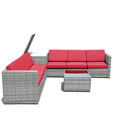 Sugift 8 Piece Wicker Sofa Rattan Dinning Set Patio Furniture with Storage Table-Red
