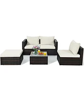 Sugift 5 Pieces Patio Rattan Furniture Set with Coffee Table-Off White