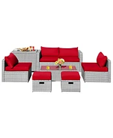 Sugift 8 Pieces Patio Rattan Furniture Set with Storage Waterproof Cover and Cushion-Red