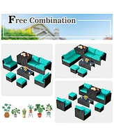 Sugift 8 Pieces Patio Rattan Storage Table Furniture Set-Turquoise