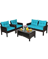 Sugift 4 Pieces Outdoor Rattan Wicker Loveseat Furniture Set with Cushions-Turquoise