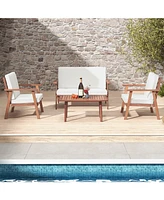Sugift 4 Piece Outdoor Acacia Wood Conversation Set with Soft Seat and Back Cushions-White