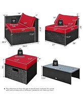Sugift 8 Pieces Patio Rattan Storage Table Furniture Set-Red