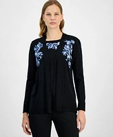 Kasper Embroidered Cardigan Embroidered Sweater Pull On Pants