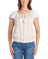 Bcx Juniors' Striped Bubble-Sleeve Pesant Top