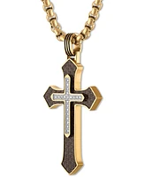 Esquire Men's Jewelry Diamond & Brown Carbon Fiber Cross Pendant Necklace (1/10 ct. t.w.) in Gold-Tone Ion-Plated Stainless Steel, 22"