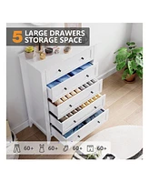 5 Chest Of Drawer Dresser, Modern Tall Nightstand With Deep Drawers And Nickel Round Handle, Wood Organizer Storage Cabinet For Bedroom, Living Room,