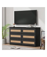gaomon Rattan Dresser For Bedroom, 6 Drawer Dresser For Bedroom, Modern Wide Chest Of Drawers With Anti-Tip Kit
