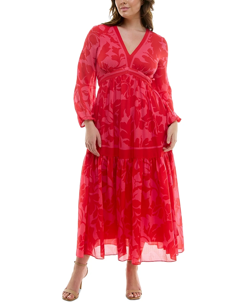 Taylor Plus Floral-Print Blouson-Sleeve Maxi Dress